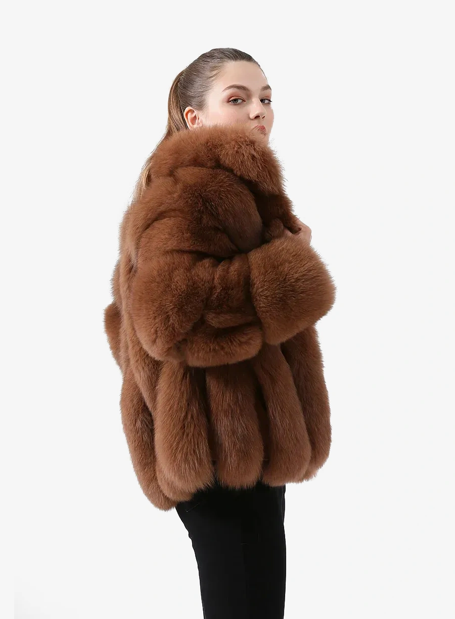 Real fox fur coat, natural fur leather jacket, long sleeved stand up collar - WGLUVF