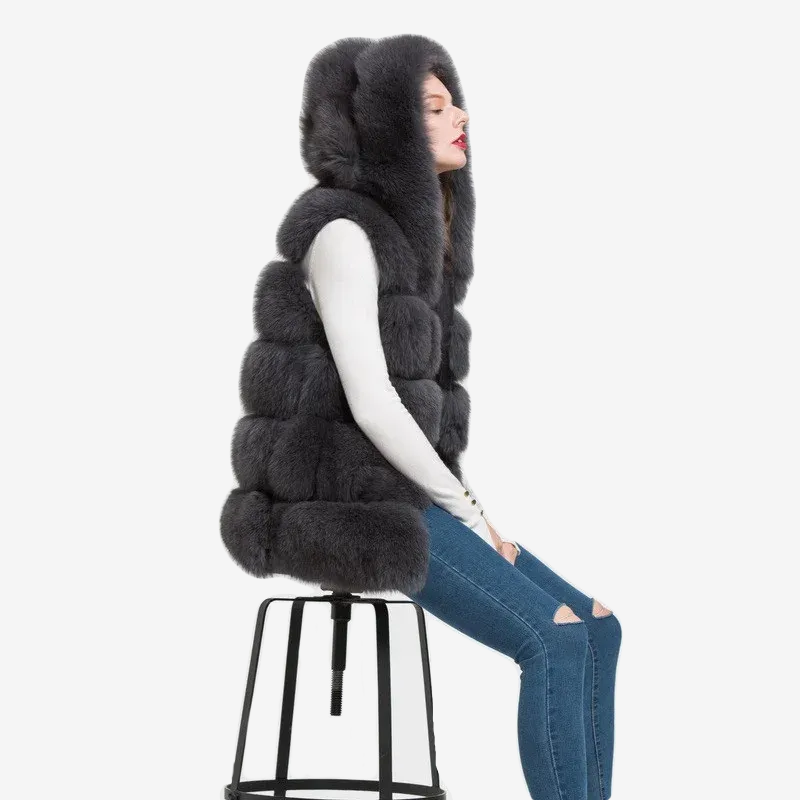 Women's natural fur hooded fox fur vest WG-5-row/70-hood - WGLUVF