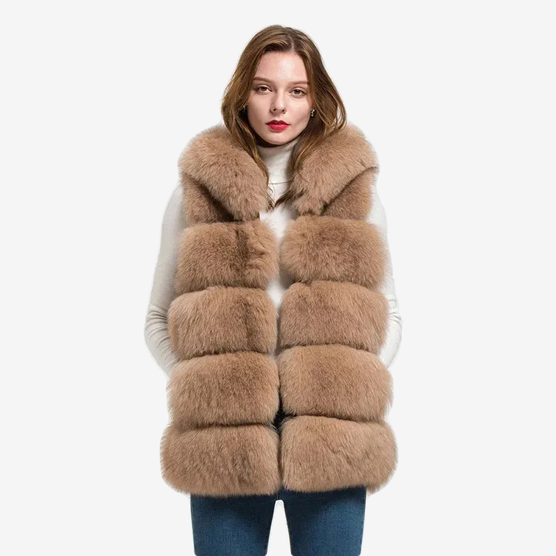 Women's natural fur hooded fox fur vest WG-5-row/70-hood - WGLUVF