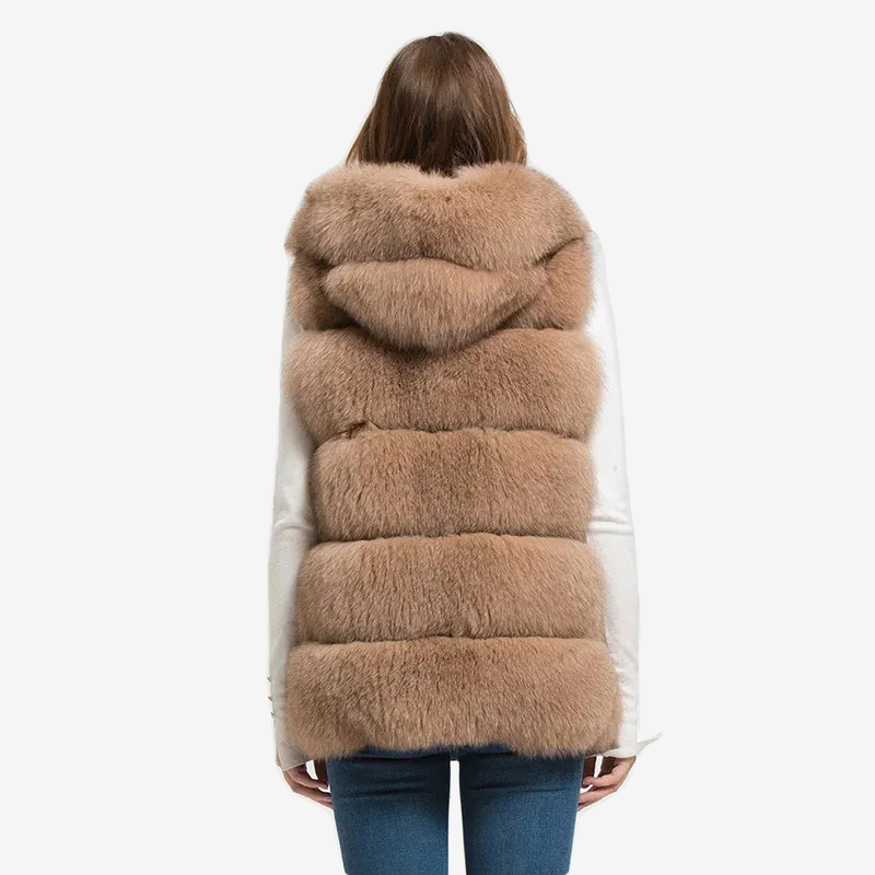 Women's natural fur hooded fox fur vest WG-5-row/70-hood - WGLUVF