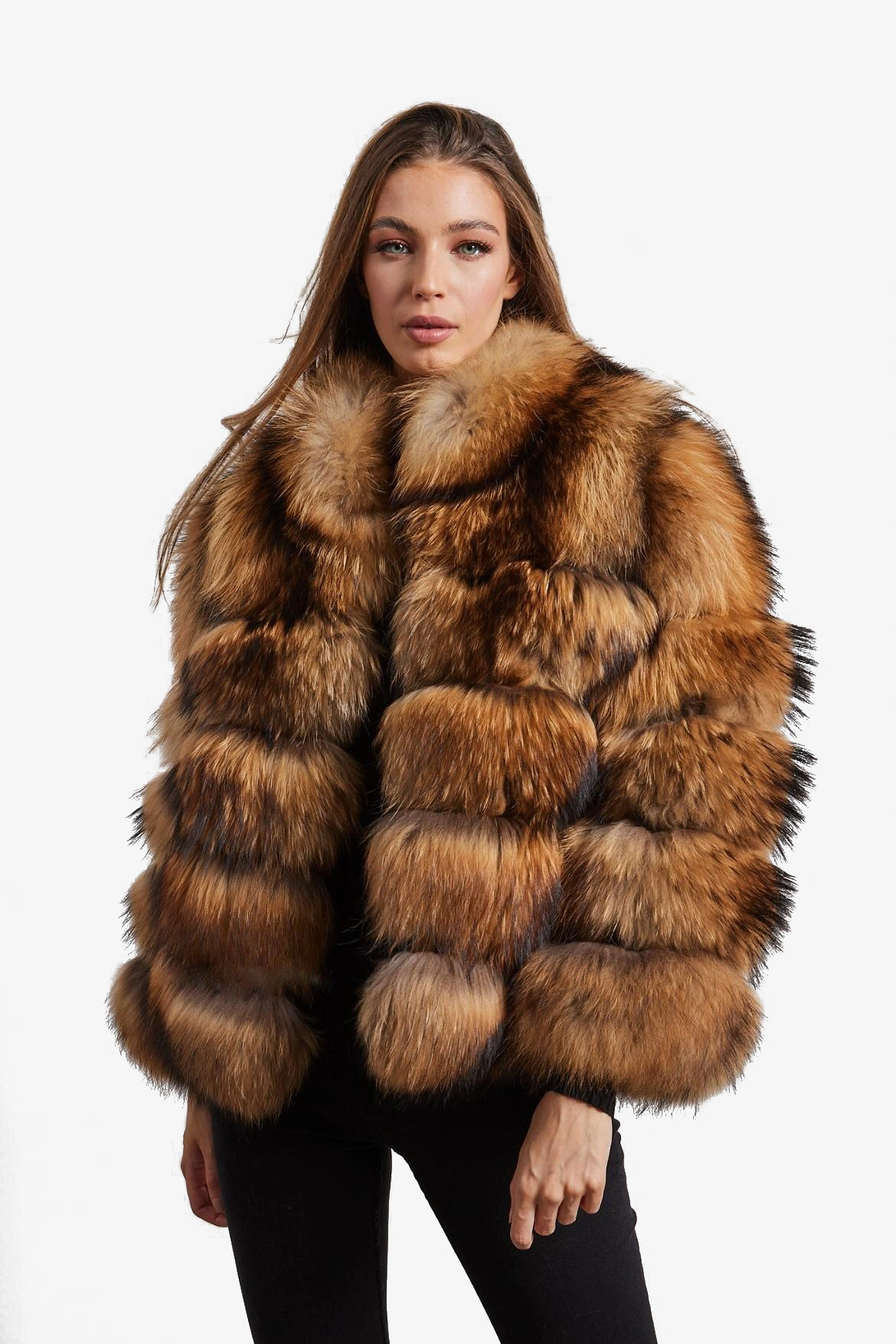 Natural Raccoon Fur 5 Ring Coat with Collar - WGLUVF