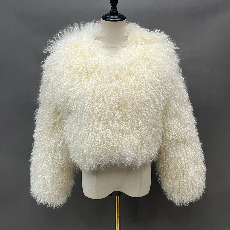 Lady Luxury Mongolian Sheep Fur Coats Winter Thick Warm Crop Jacket Natural Fur Coats Women  Mongolian Sheep Fur -series - WGLUVF