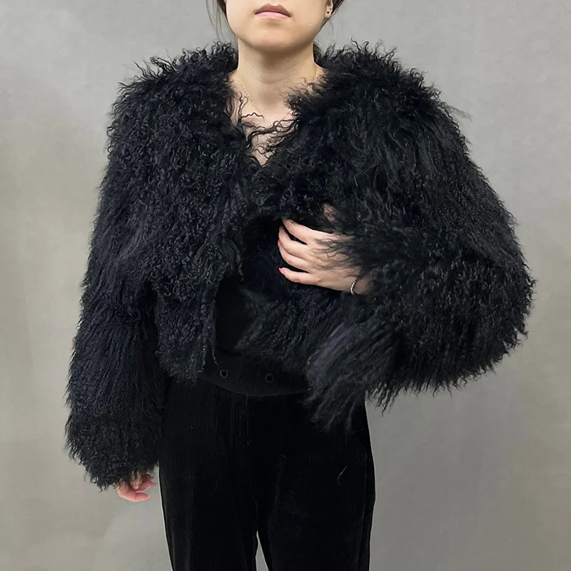Lady Luxury Mongolian Sheep Fur Coats Winter Thick Warm Crop Jacket Natural Fur Coats Women  Mongolian Sheep Fur -series - WGLUVF