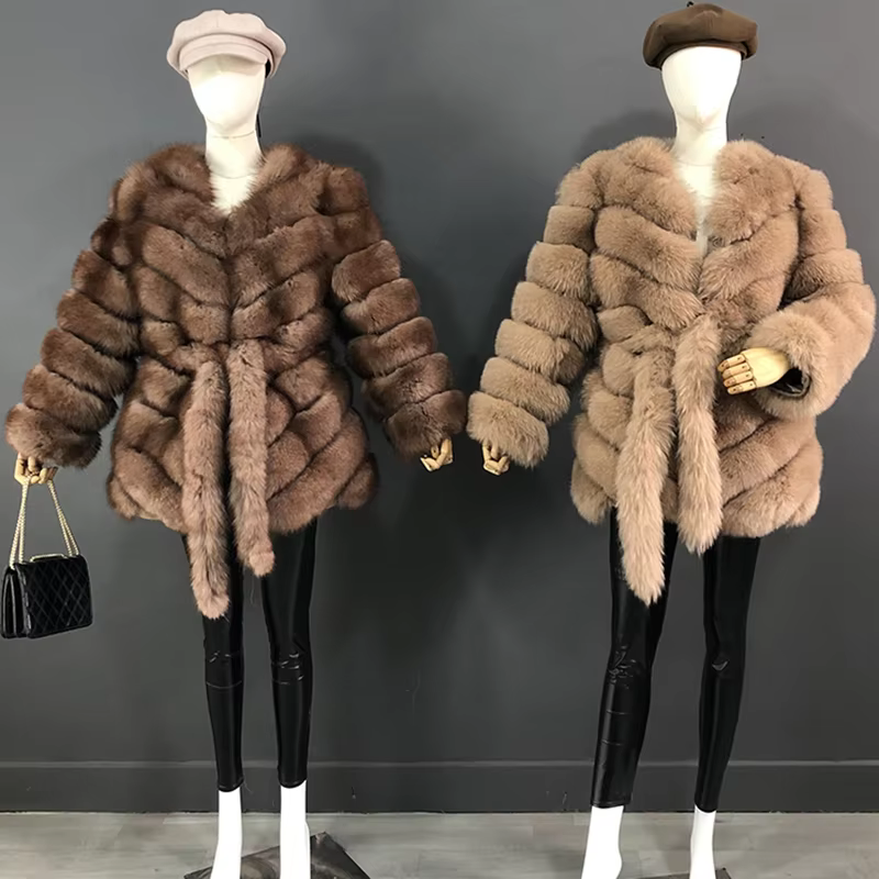 The Latest Fur Coat For Women Real Fox Fur Coat Mid-length Natural Fur Jacket Hemline Design The Waist Belt And Drawstring - WGLUVF