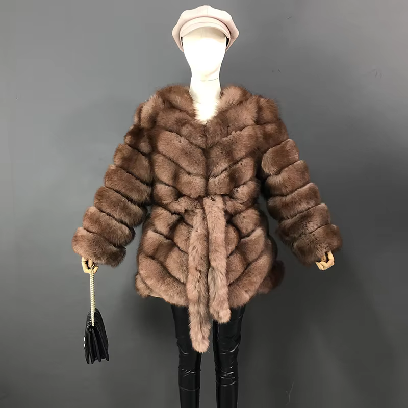 The Latest Fur Coat For Women Real Fox Fur Coat Mid-length Natural Fur Jacket Hemline Design The Waist Belt And Drawstring - WGLUVF