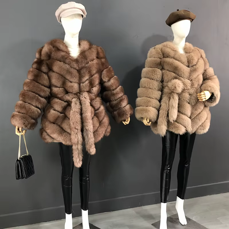 The Latest Fur Coat For Women Real Fox Fur Coat Mid-length Natural Fur Jacket Hemline Design The Waist Belt And Drawstring - WGLUVF