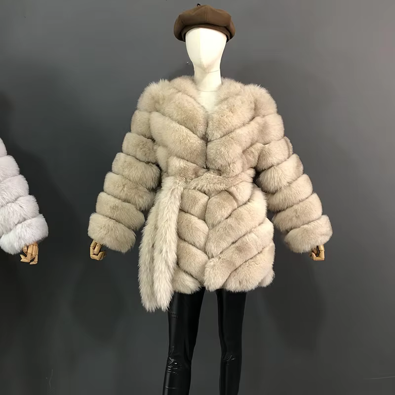 The Latest Fur Coat For Women Real Fox Fur Coat Mid-length Natural Fur Jacket Hemline Design The Waist Belt And Drawstring - WGLUVF