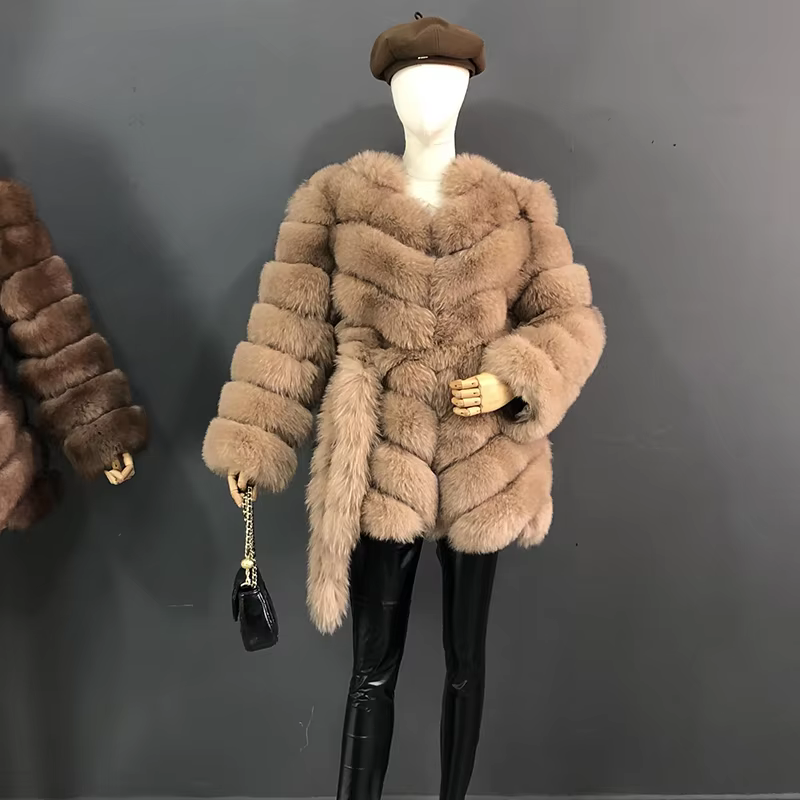 The Latest Fur Coat For Women Real Fox Fur Coat Mid-length Natural Fur Jacket Hemline Design The Waist Belt And Drawstring - WGLUVF