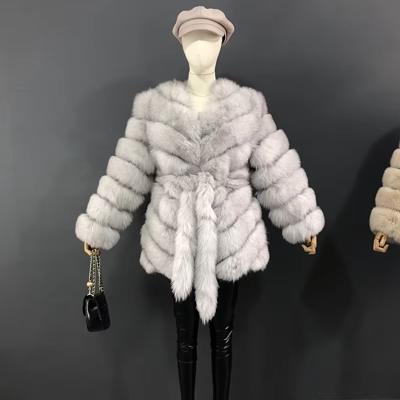 The Latest Fur Coat For Women Real Fox Fur Coat Mid-length Natural Fur Jacket Hemline Design The Waist Belt And Drawstring - WGLUVF