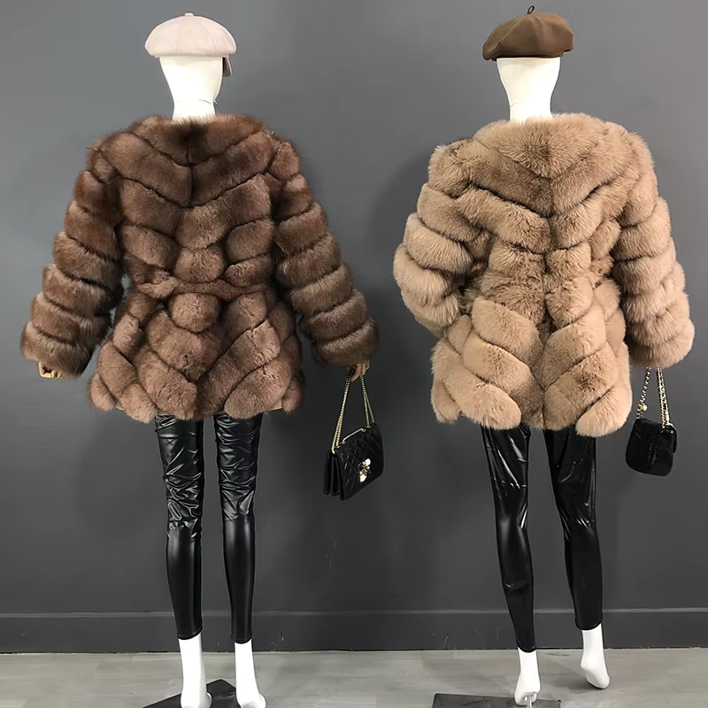 The Latest Fur Coat For Women Real Fox Fur Coat Mid-length Natural Fur Jacket Hemline Design The Waist Belt And Drawstring - WGLUVF