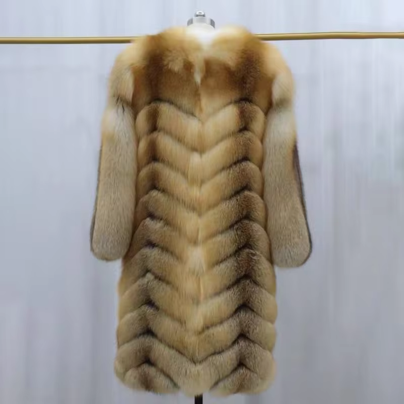 Golden fox fur long coat, high-quality natural fur - WGLUVF