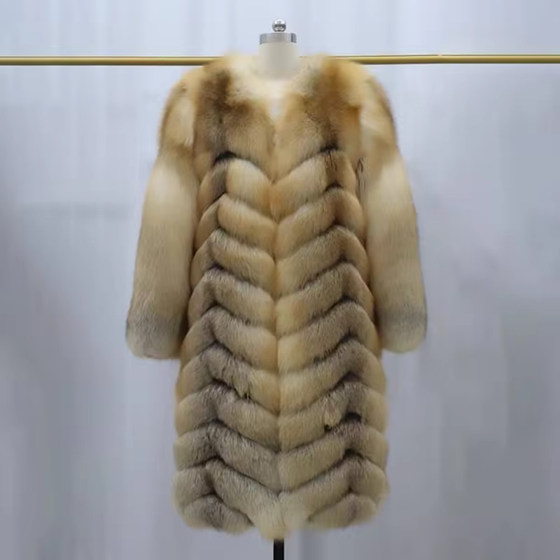 Golden fox fur long coat, high-quality natural fur - WGLUVF