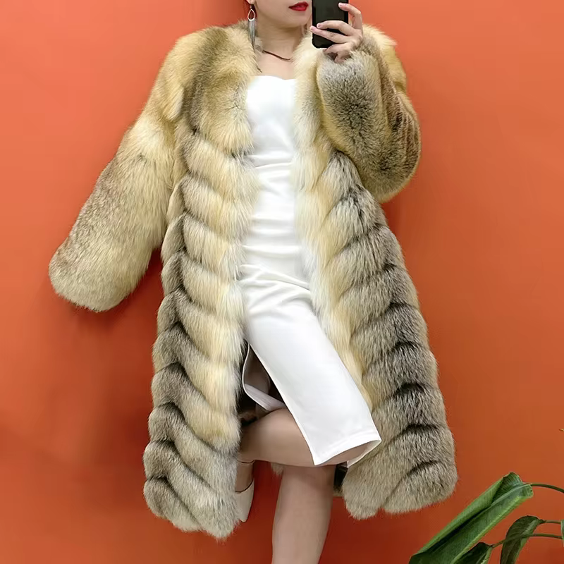 Golden fox fur long coat, high-quality natural fur - WGLUVF