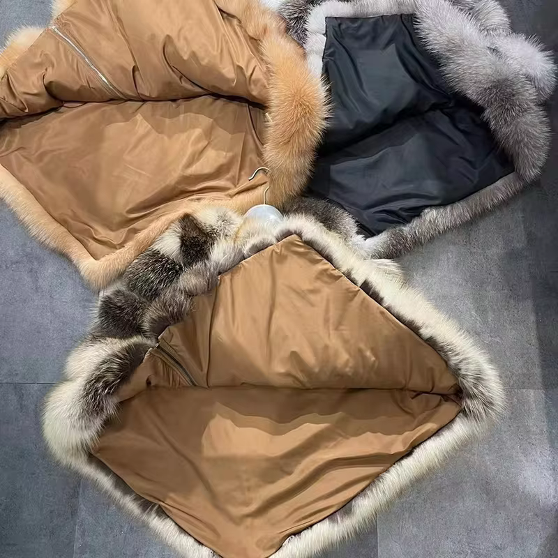 Women's Thick Warm Winter Poncho Natural Fox Fur High Quality Luxury Capes Lady Fluffy Shawls - WGLUVF