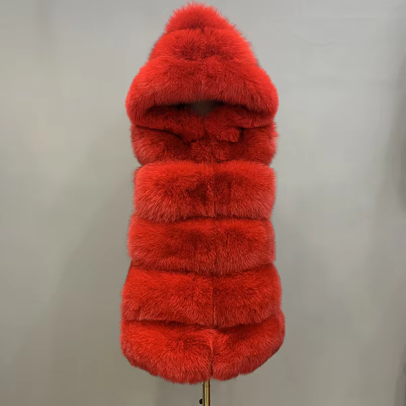 Women's natural fur hooded fox fur vest WG-5-row/70-hood - WGLUVF