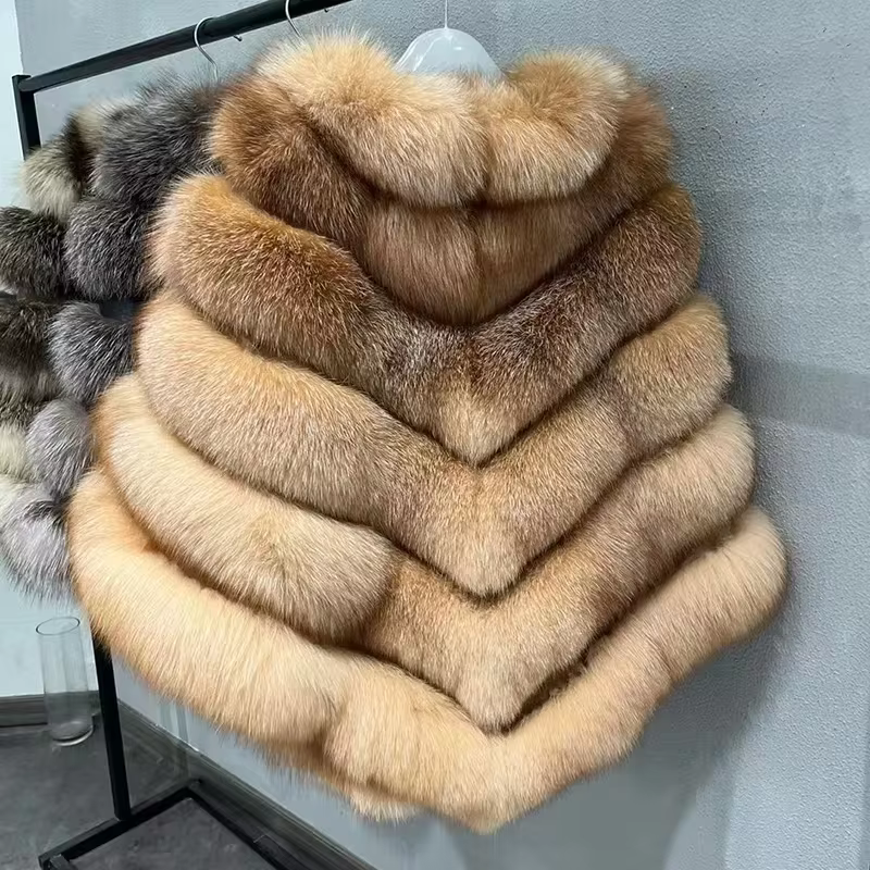 Women's Thick Warm Winter Poncho Natural Fox Fur High Quality Luxury Capes Lady Fluffy Shawls - WGLUVF