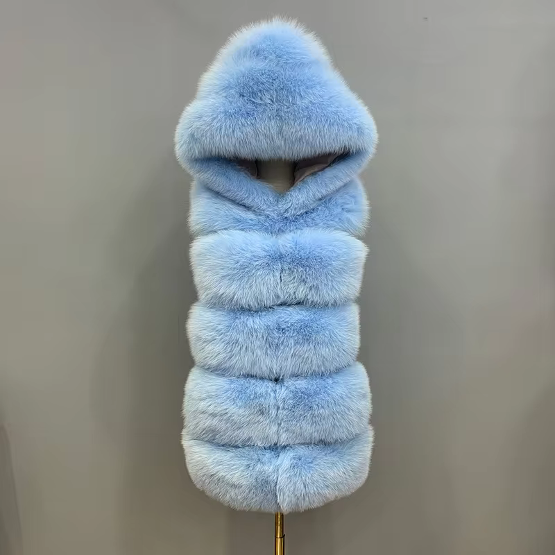 Women's natural fur hooded fox fur vest WG-5-row/70-hood - WGLUVF