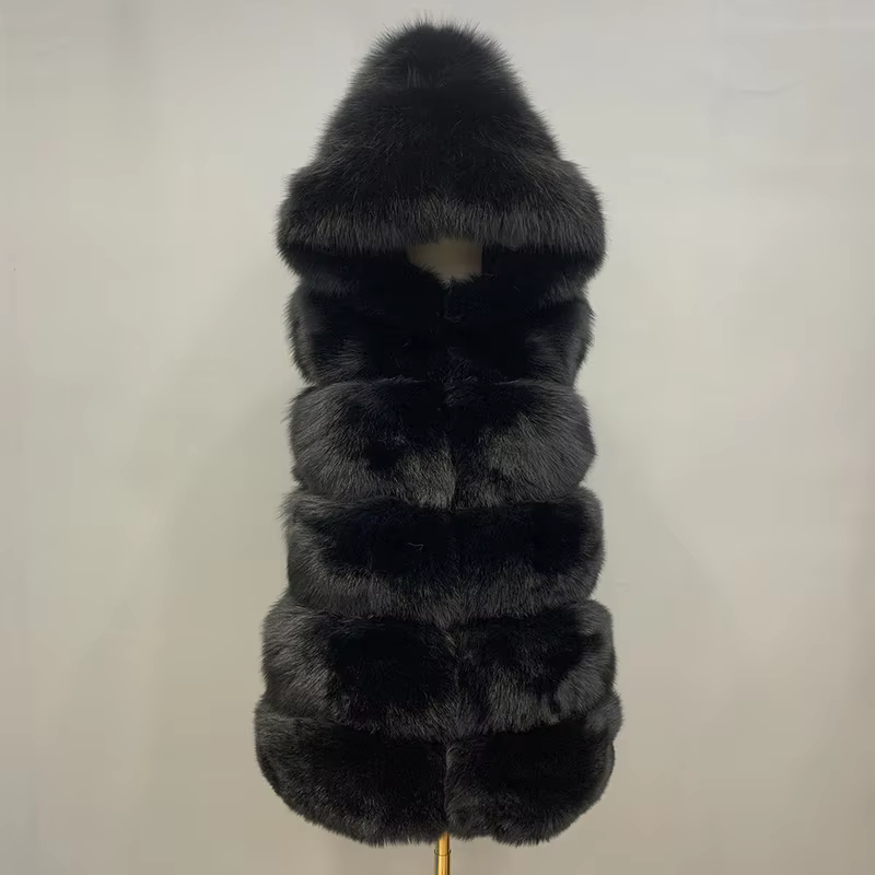 Women's natural fur hooded fox fur vest WG-5-row/70-hood - WGLUVF