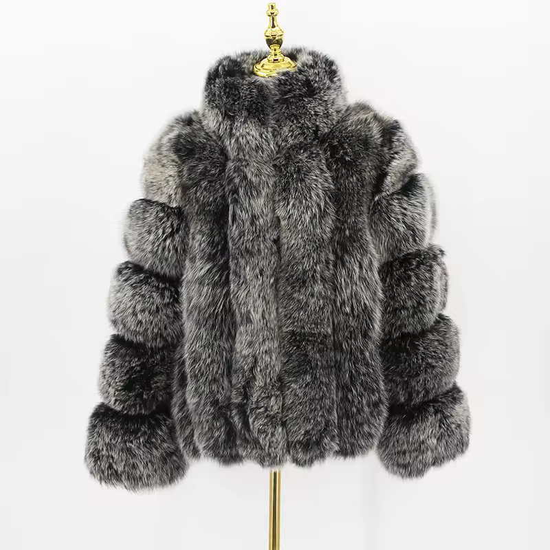 Real fox fur coat, natural fur leather jacket, long sleeved stand up collar - WGLUVF