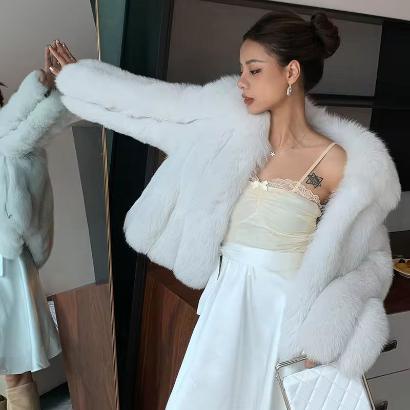 Fluffy natural fur leather jacket luxury lapel women's clothing - WGLUVF