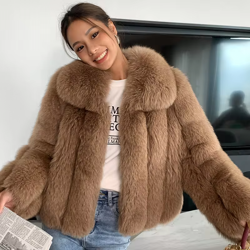 Fluffy natural fur leather jacket luxury lapel women's clothing - WGLUVF