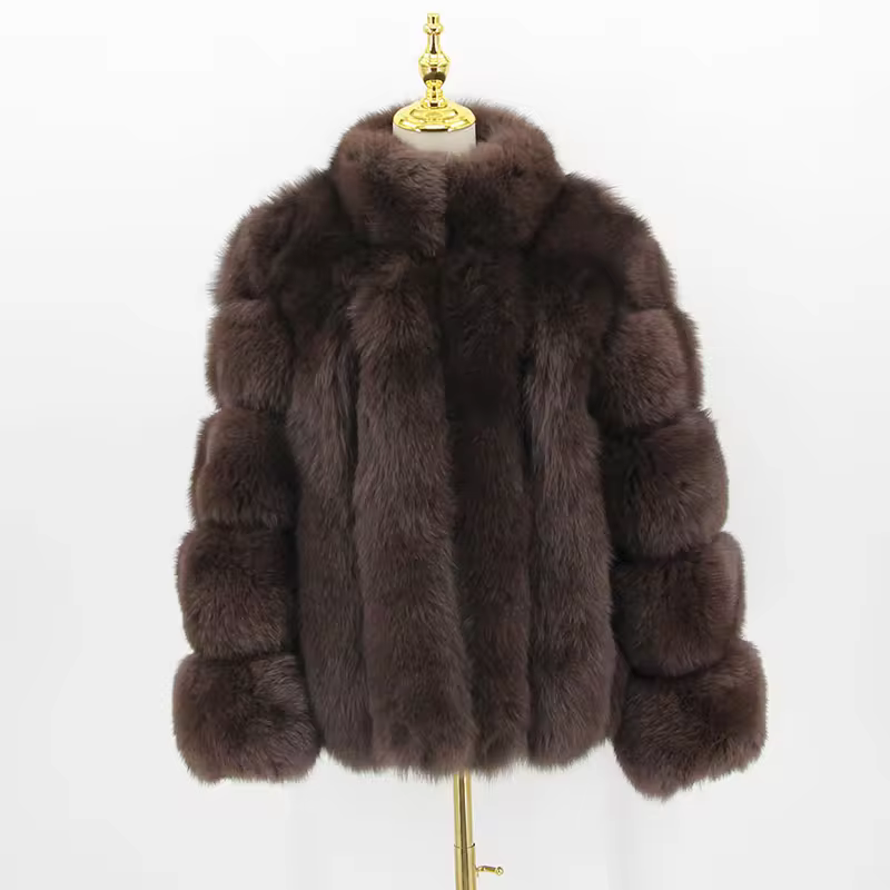 Real fox fur coat, natural fur leather jacket, long sleeved stand up collar - WGLUVF