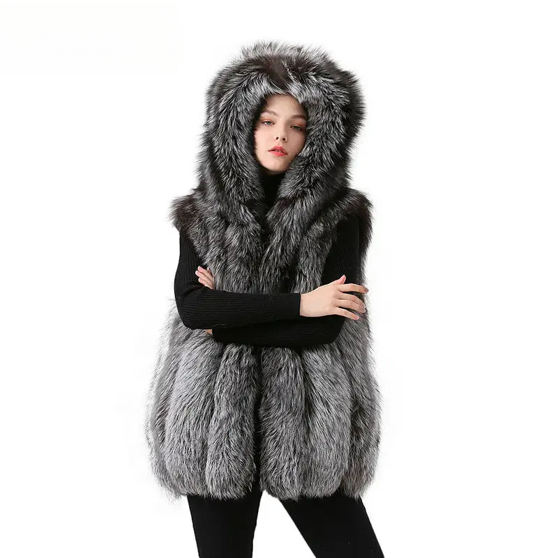Women winter real fox fur vest fur hood gilet sliver fox fur coat - WGLUVF