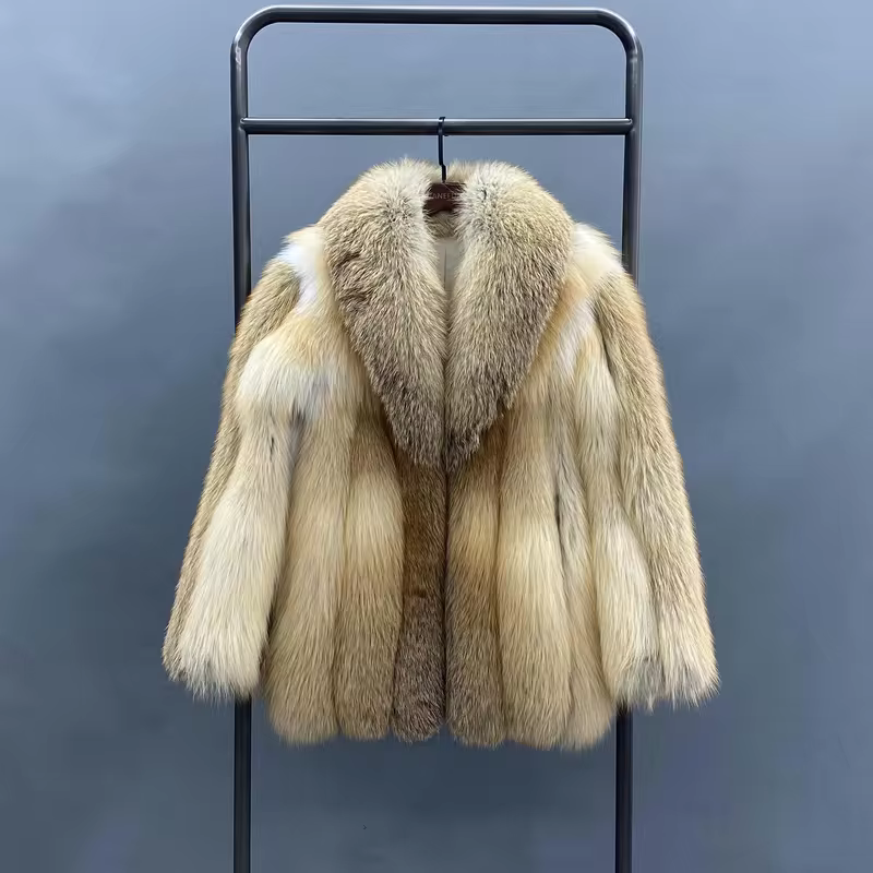 Fashion Natural Red Fox Fur Coat Women Warm Thick Big Shawl Fur Collar Coat - WGLUVF