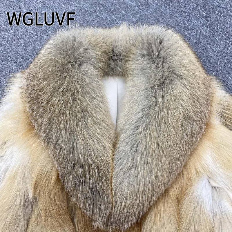 Fashion Natural Red Fox Fur Coat Women Warm Thick Big Shawl Fur Collar Coat - WGLUVF