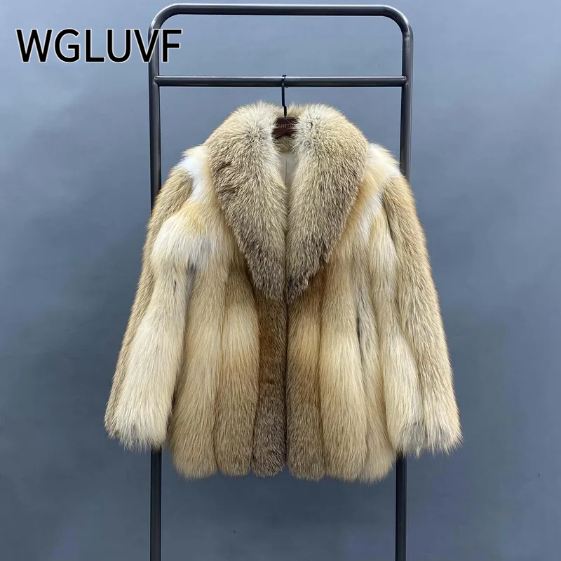 Fashion Natural Red Fox Fur Coat Women Warm Thick Big Shawl Fur Collar Coat - WGLUVF