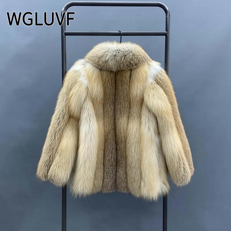 Fashion Natural Red Fox Fur Coat Women Warm Thick Big Shawl Fur Collar Coat - WGLUVF