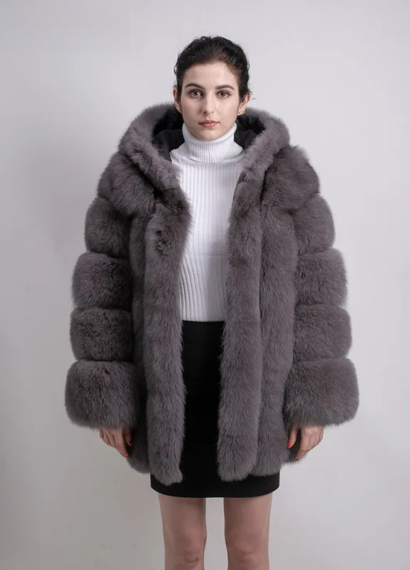 Women real fox fur coat long sleeves hood coat genuine fox outfit - WGLUVF