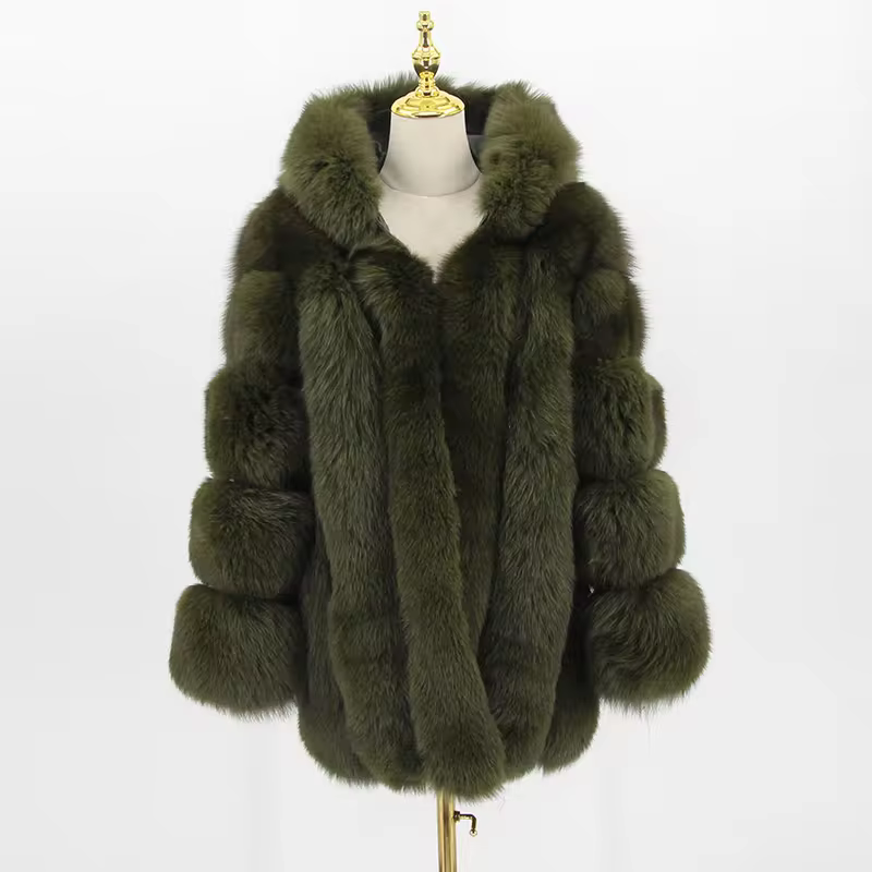 Women real fox fur coat long sleeves hood coat genuine fox outfit - WGLUVF