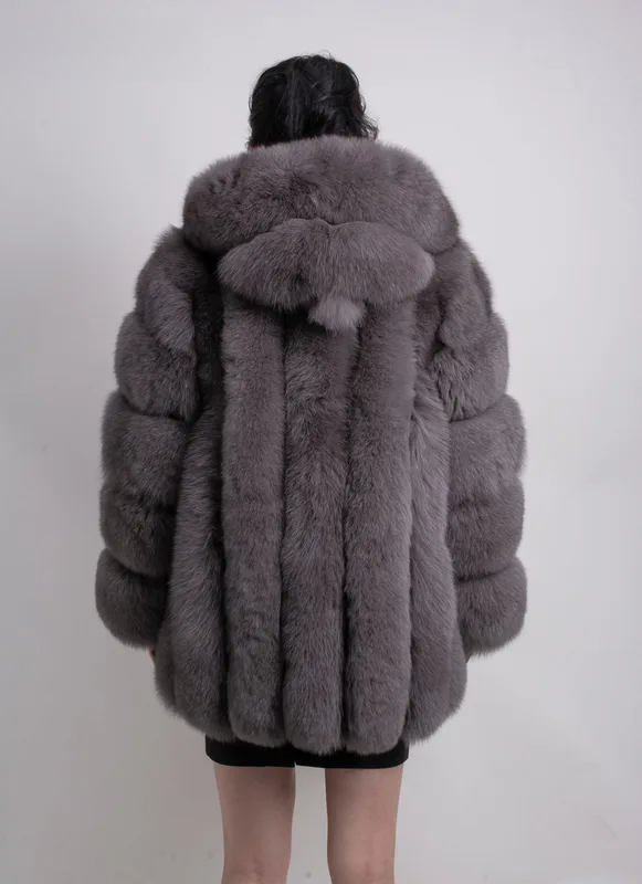 Women real fox fur coat long sleeves hood coat genuine fox outfit - WGLUVF