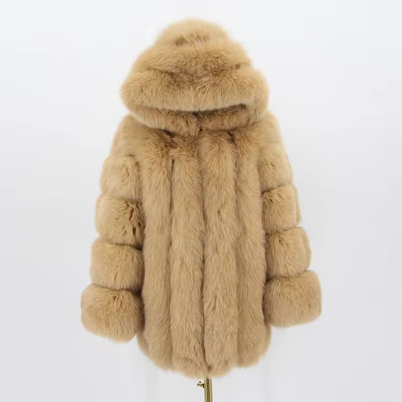 Women real fox fur coat long sleeves hood coat genuine fox outfit - WGLUVF