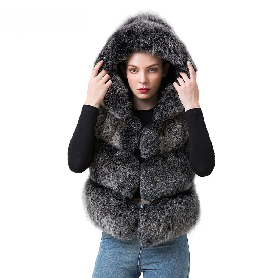 Women's fur real fox skin vest hood vest - WGLUVF