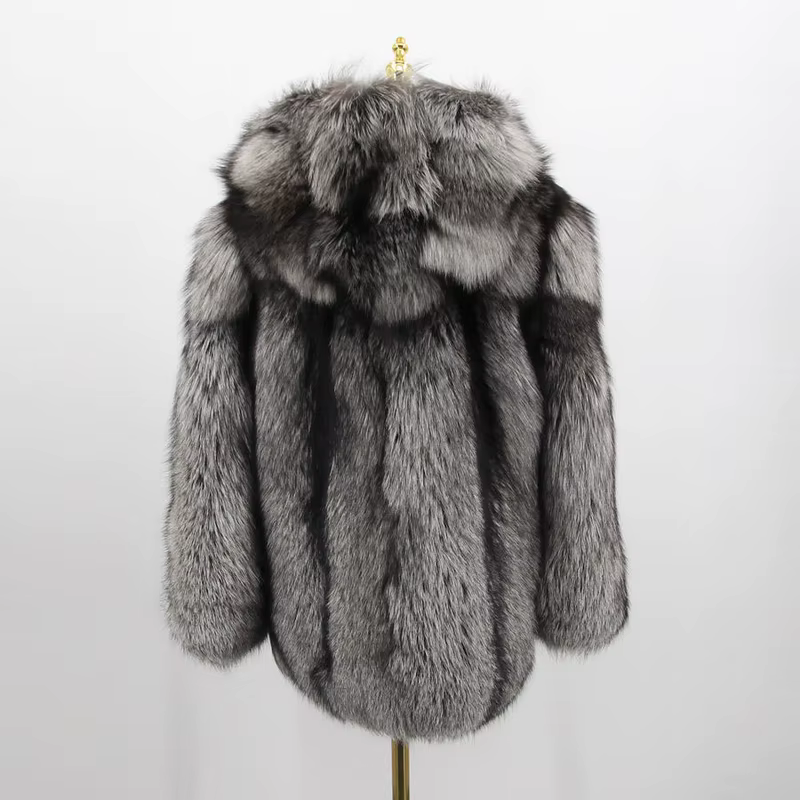 Winter natural silver fox fur coat with hood - WGLUVF