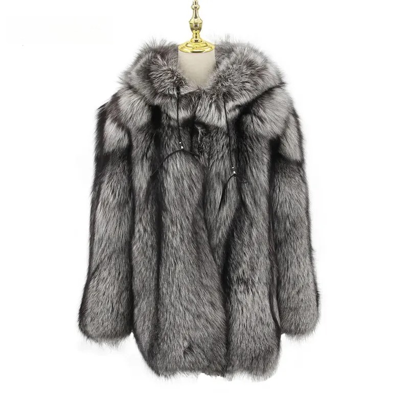 Winter natural silver fox fur coat with hood - WGLUVF