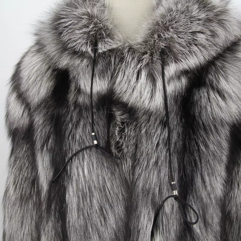 Winter natural silver fox fur coat with hood - WGLUVF