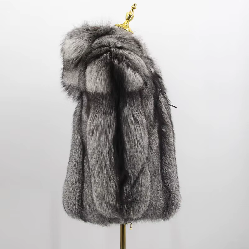 Winter natural silver fox fur coat with hood - WGLUVF