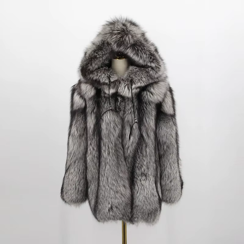 Winter natural silver fox fur coat with hood - WGLUVF