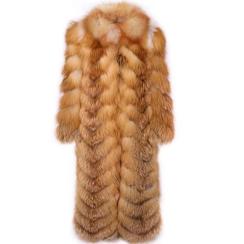 Luxury Full-Length Golden Fox Fur Coat with Oversized Hood - WGLUVF