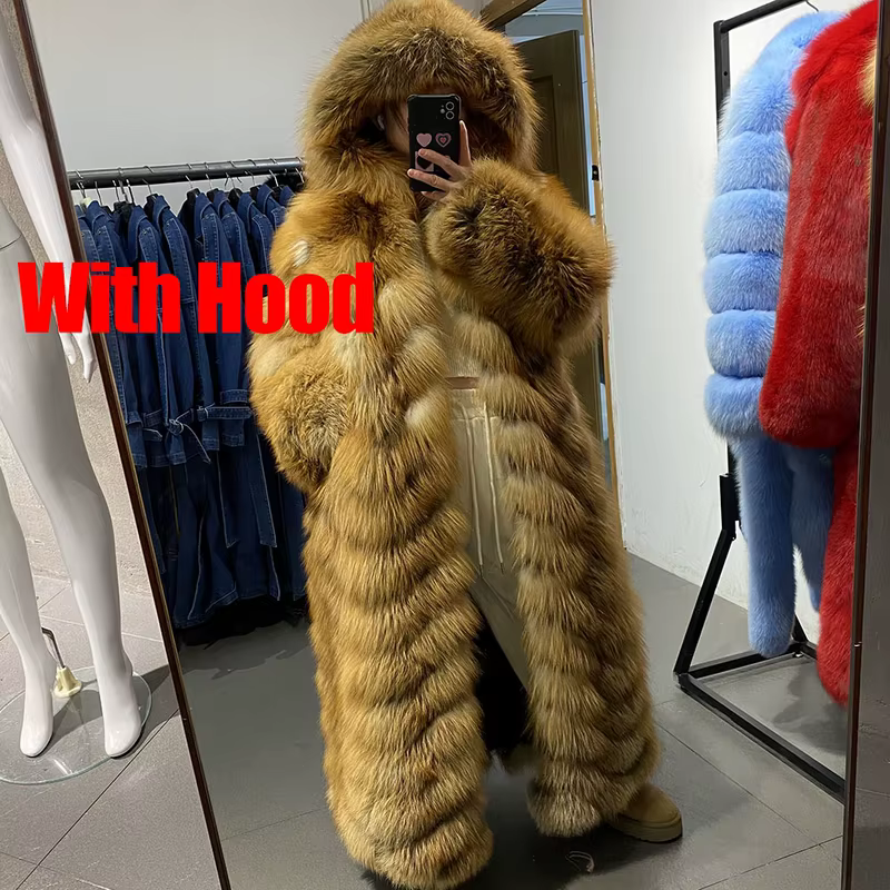 Luxury Full-Length Golden Fox Fur Coat with Oversized Hood - WGLUVF