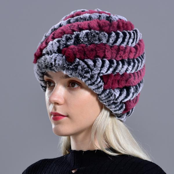 Rabbit Winter Fur Hat for Women Real Fur Knitted Cap - WGLUVF