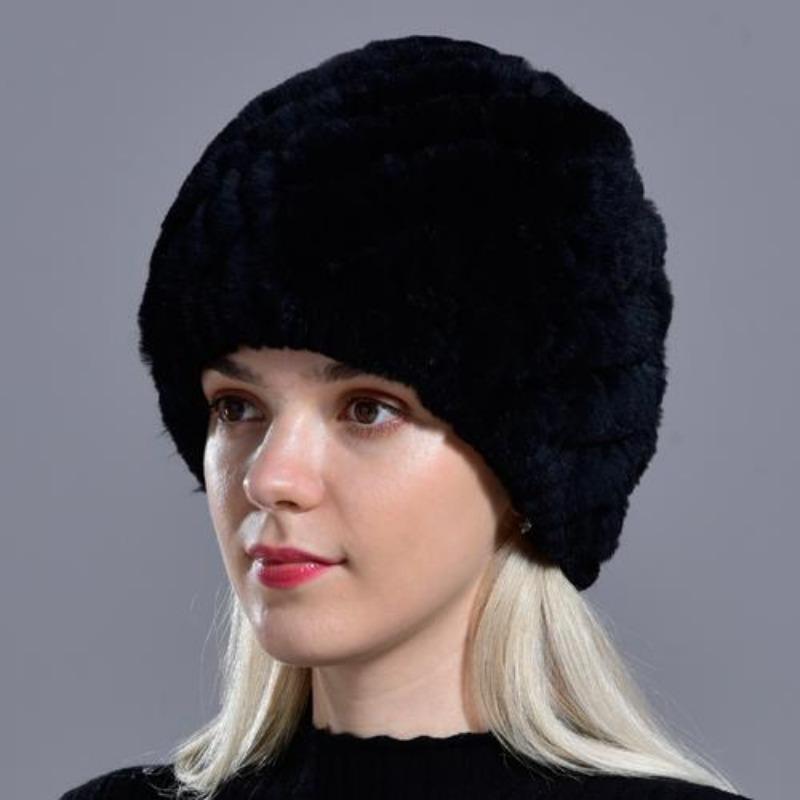 Rabbit Winter Fur Hat for Women Real Fur Knitted Cap - WGLUVF