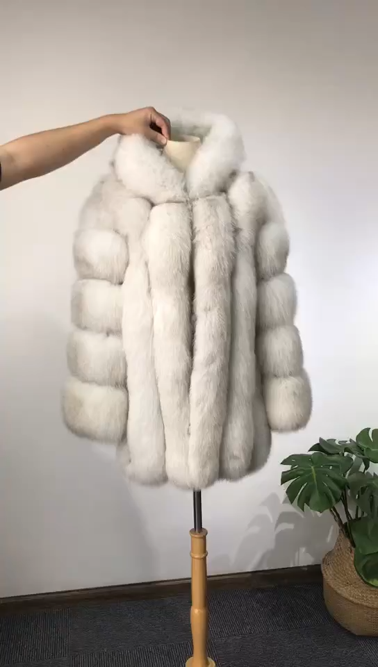 Women real fox fur coat long sleeves hood coat genuine fox outfit - WGLUVF