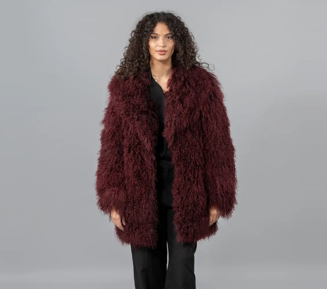 Wine red Mongolian sheepskin jacket with large V-neck