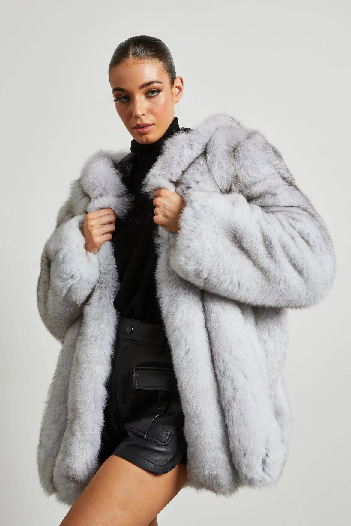 Queen Series- Fox Fur Coat with Full Pelt Fur Sleeves and Hood - WGLUVF