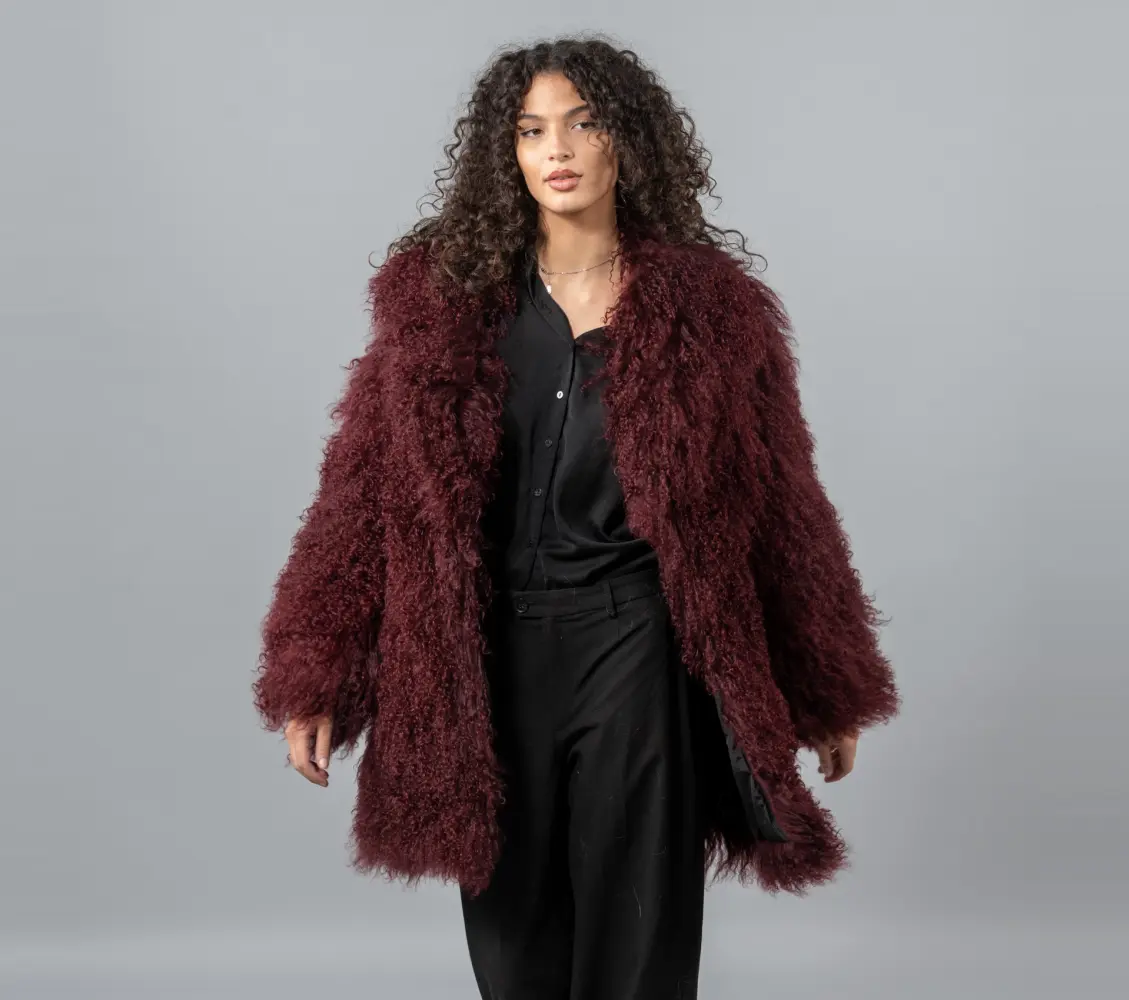 Wine red Mongolian sheepskin jacket with large V-neck