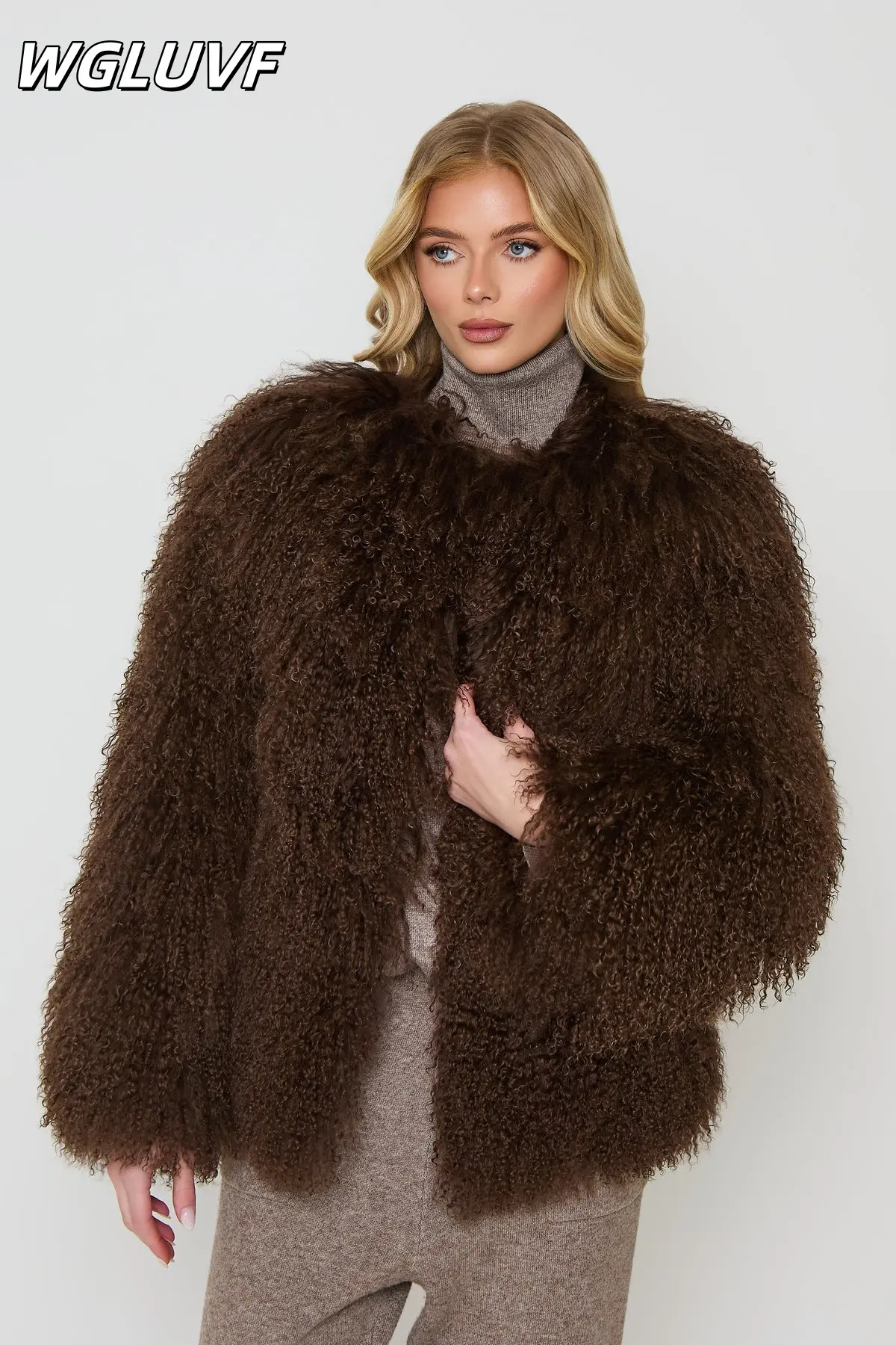 Mongolian Sheepskin Curly Coat - Brown - WGLUVF
